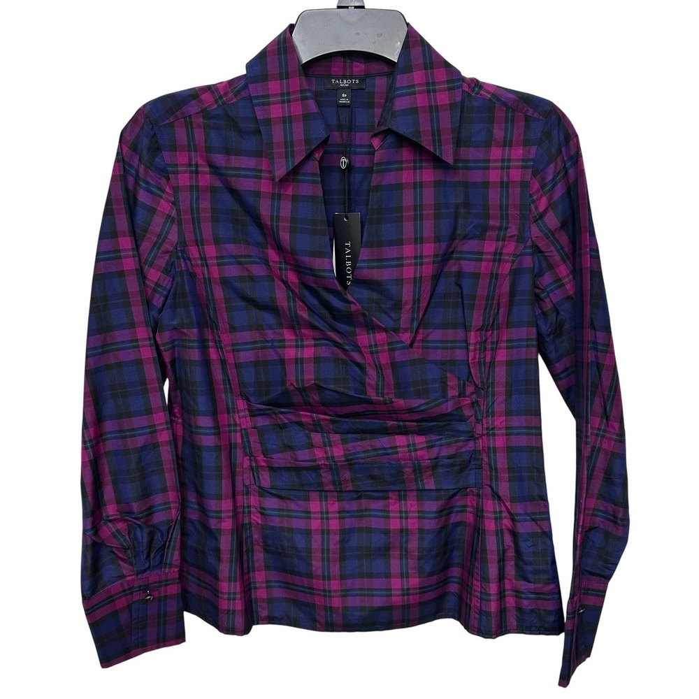 TALBOTS Women's Purple FAUX WRAP‎ Plaid Long Sleeve Blouse Silk Cotton Sz 8P
